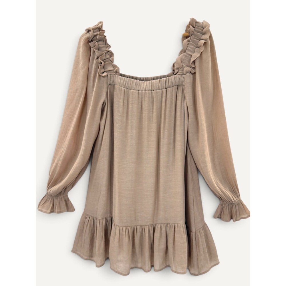 By the River NWT Tan Tiered Mini Dress S Boho Cottagecore Prairie Romantic